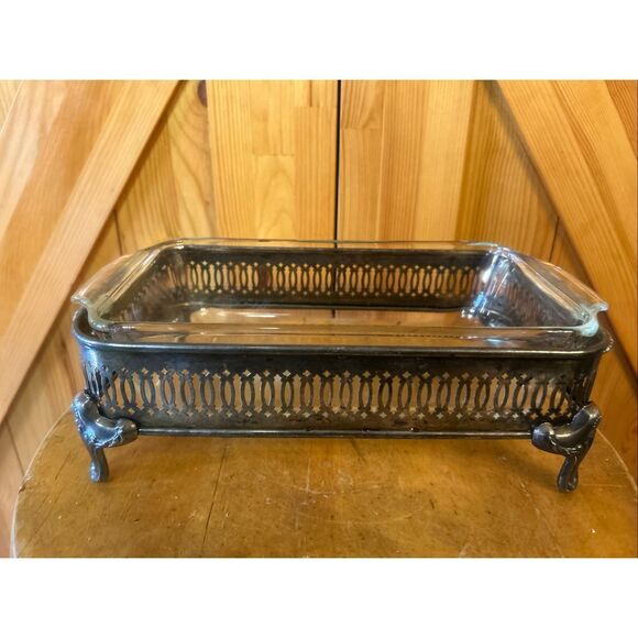 Vtg Anchor Hocking Fire King 1 Quart Rectangle Glass Casserole Dish Silver Tray - Picture 3 of 11